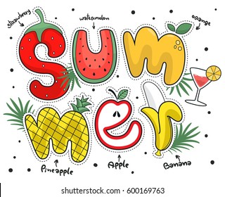 Summer poster with fruit alphabet isolated on white background illustration vector.