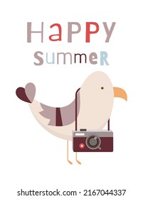 Summer Poster Funny Seagull with Camera. Vector Illustration. Kids cartoon illustration for baby clothes, greeting card, wrapper, beach party. Text Happy Summer