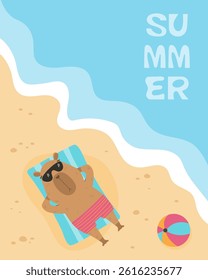 Summer poster with funny sunbathing capybara