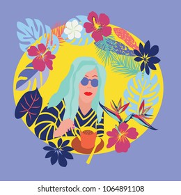 Summer poster with a girl drink coffee in tropical beach. Summer holiday concept background.   
