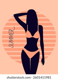 Summer poster with a girl silhouette. Beautiful summer girl in swimsuits. Stylish minimalistic vector illustration