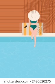 Cartel de verano con una niña en un traje de natación sentado junto a la piscina. Anuncio de verano. Ilustración vectorial