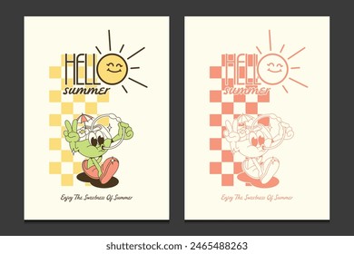 summer poster or graphic t-shirt template with retro coconut mascot character, vector illustration