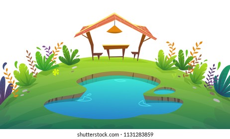 summer poster . grass field background . bushes hill meadow park with bench at lake or sea , summer or spring bright happy funny cartoon style vector illustration . vertical wallpaper