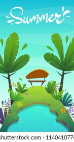 summer poster . grass field background . bushes hill meadow park with bench at lake or sea , summer or spring bright happy funny cartoon style vector illustration . vertical wallpaper