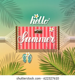 Summer poster with hammock, camera, tropical flowers, flip flops. Hello Summer. Vector design. Beach and sea, palm leaves. Lettering.
