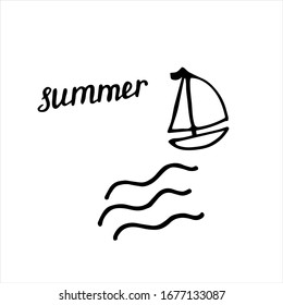 Summer poster with hand drawn elements. Yacht, waves and hand written inscription Summer.