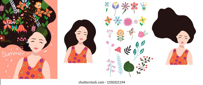 summer poster with hand drawn flowers and girl. Art with leaves and botanic. design card with woman