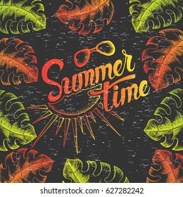 Summer poster with hand written calligraphy. Hand drawn lettering and palm leaves. Sketch. Summer time vector design