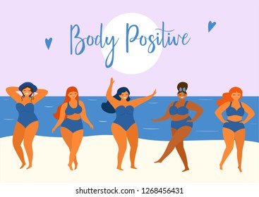 Summer poster with happy plus size girls in trendy summer swimsuits. Body positive. Vector design elements.