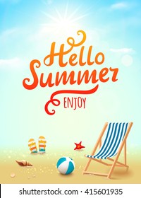 Summer poster with hello summer inscription on beach background with design elements. Vector illustration