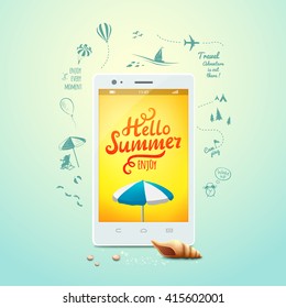 Summer poster with hello summer inscription on the screen of smartphone and summer icons. Vector illustration