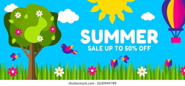 Summer Poster Horizontal Background or banner design. Colorful Design with Hot Air Balloons, Butterflies, Rainbow, Sun, Bird, Flowers, and summer text. used to Spring border frame, sale promo card.