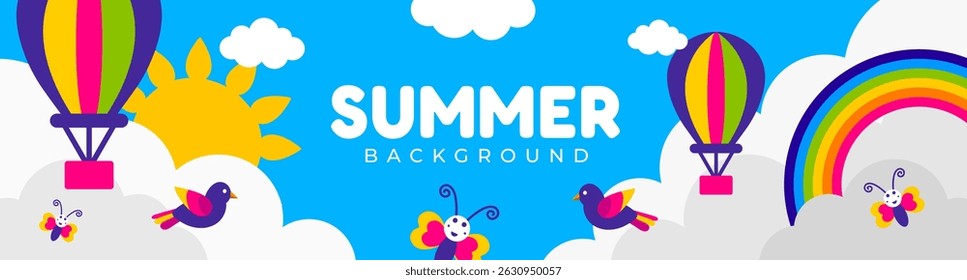 Summer Poster Horizontal Background or banner design. Colorful Design with Hot Air Balloons, Butterflies, Rainbow, Sun, Bird, Flowers, and summer text. used to Spring border frame, sale promo card.