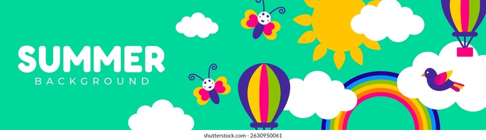 Summer Poster Horizontal Background or banner design. Colorful Design with Hot Air Balloons, Butterflies, Rainbow, Sun, Bird, Flowers, and summer text. used to Spring border frame, sale promo card.