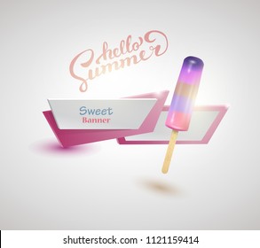 Summer poster, ice cream with flat geometric banner. vector illustration.