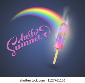 Summer poster, ice cream with rainbow. vector illustration