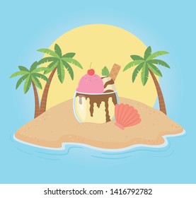 summer poster with ice cream in seascape