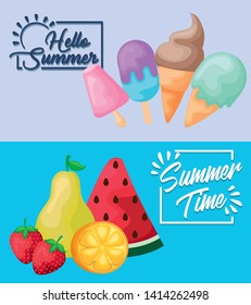 summer poster with ice creams and set fruits