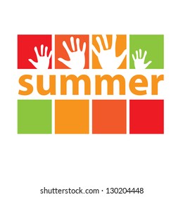 ¡Verano! Idea de afiche. Signo de verano con huellas de palmas. vector