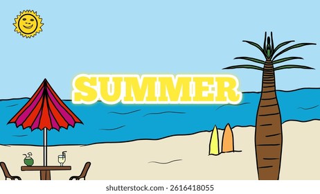 Summer poster or illustration with a picture on the beach there is a bench with an umbrella, coconut trees and two surfers.