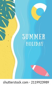 Summer poster with the image of the beach and the sea. Summer season announcement. Colorful flat illustration
