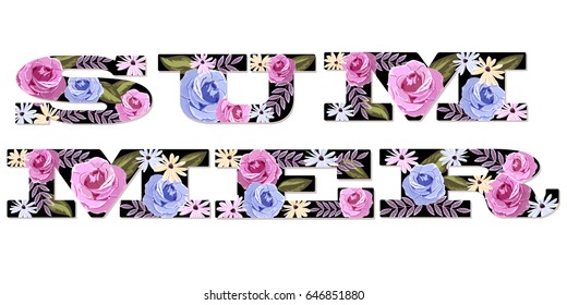 Summer poster. Inscription with floral print. Isolated on white background.