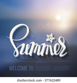 summer poster inscription on a background seascape picture. calligraphy, lettering, symbol, logo.