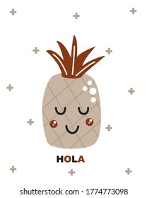 afiche de verano con piña kawaii - ilustración vectorial, eps