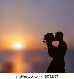 Summer poster with a kissing couple silhouette against contrast blue and yellow sunset seascape blurred background. Realistic vector illustration.
