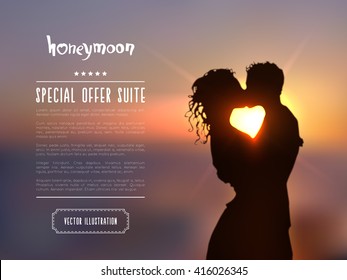 Summer poster with a kissing couple silhouette against a blue sunset seascape blurred background. Realistic vector illustration.