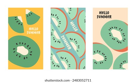 Póster de verano kiwi en estilo plano. Arte para póster, postal, arte de la pared, fondo de Anuncio