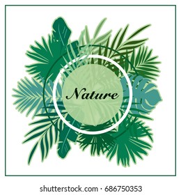 Summer poster with leaves pattern and calligraphic inscription. Vector illustration with palm leaves and bananas leaves. Hello summer. Nature poster.