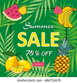 Summer poster with leaves pattern and calligraphic inscription. Vector illustration with palm leaves and bananas leaves. Hello summer. Nature poster with fruits