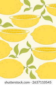 Summer poster with lemon halves and whole lemons. Flat style. Designer template for postcard, poster, flyer, banner, cover.