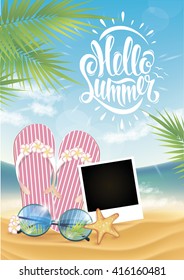 Summer poster, lettering, freehand drawing, branches of palm trees, sunglasses on the beach, tropics, relaxing on the beach