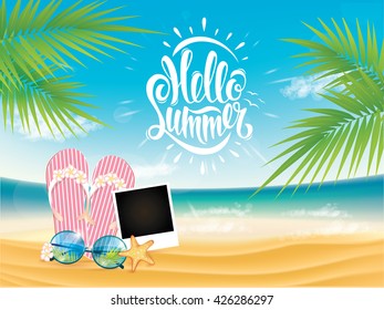 Summer poster, lettering, freehand drawing, branches of palm trees, sunglasses on the beach, tropics, relaxing on the beach