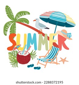 Summer poster with lettering and a seagull.Beach chair, starfish, palm tree, hat, coconut cocktail, flip flops and sun umbrella.Vector cartoon flat illustration isolated on white background.