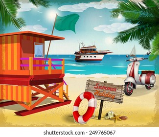 Summer  poster with lifeguard tower,scooter and yacht.