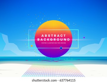 Summer poster with ocean beach, sunny sky and memphis typographic design elements for placards, banners and flyers. Eps10 vector illustration.