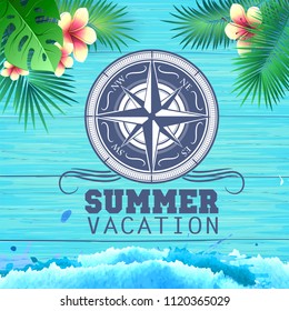 Summer poster on blue wooden background. Lettering holiday summer vacation.
