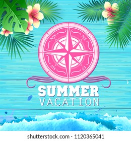 Summer poster on blue wooden background. Lettering holiday summer vacation.
