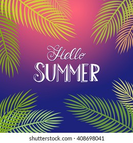 Summer poster with palm leaf and lettering. Summer night tropical background