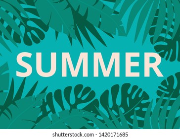 Summer poster with palm leaves on green background