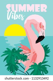 Summer poster with palm trees flamingo sea ocean and sun 