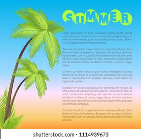 Summer poster with palms tree leaves, bushes and sand, time for travelling to exotic places, islands banners having headline, vector illustration