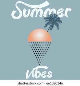 Summer poster with palm,sun and ice cream.Summer vibes.Triangle with grunge halftone texture.Summer vintage poster  in pop art style. Vector illustration.