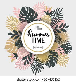 Summer poster with paper tropical leaf. Vector illustration 