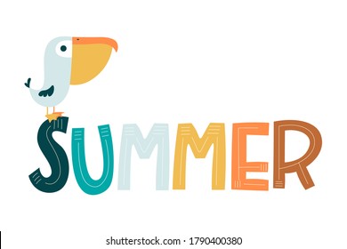 Summer poster with pelican. Ready for print for banner, invitation, card or poster