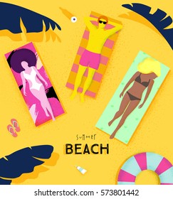 Summer poster with people lying on deck chair under the sun on the beach, bright colorful modern style